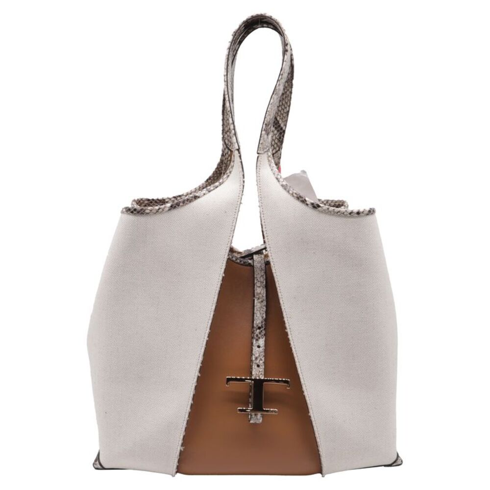 Tod's Medium T Timeless Snakeskin-Trimmed Tote Bag in White Canvas